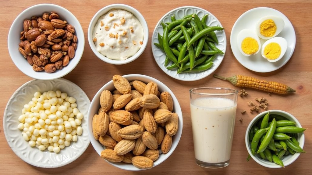 A colorful spread of 10 high-protein snacks, including nuts, yogurt parfait, hard-boiled eggs, edamame, and a protein smoothie arranged on a wooden table.