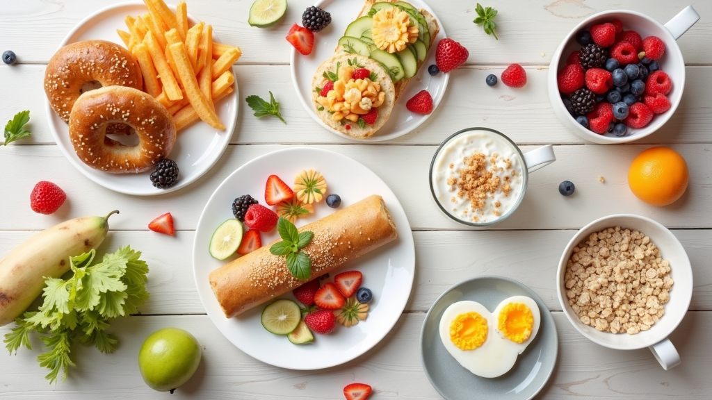 Assorted high-protein breakfast items including eggs, Greek yogurt, and a breakfast burrito