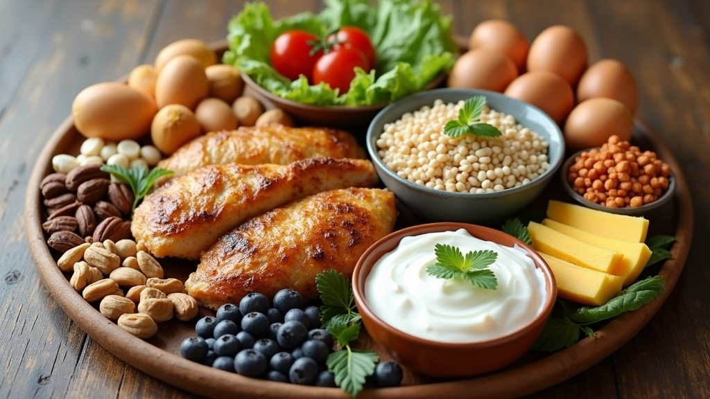 Selection of protein-rich foods including eggs, lentils, nuts, yogurt, and chicken arranged on a wooden table.